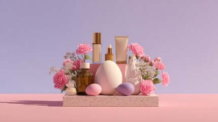 Feminine skincare collection displayed with flowers