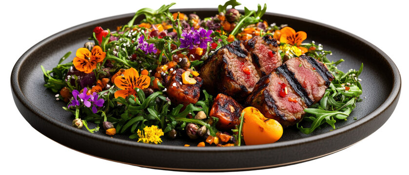 Close up shows tender grilled beef tenderloin steak salad with edible flowers on a dark plate.
