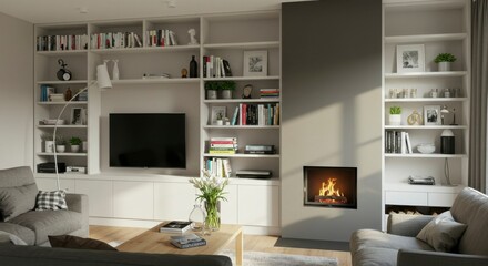 Fototapeta premium Modern living room with built-in shelving and fireplace