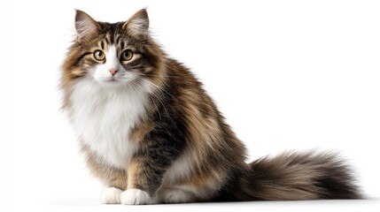 A Norwegian Forest cat with thick double coat and bushy tail, sitting with tail wrapped around its paws, centered on a white background, sharp focus, studio-lit, realistic detail