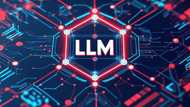 Futuristic llm concept depicted within a glowing network circuitry design