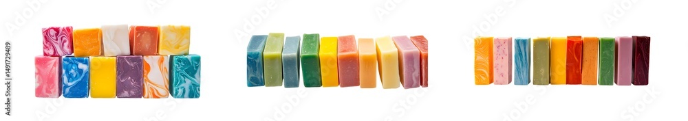 Poster set of colorful rectangular soaps arranged in a display. isolated on transparent background