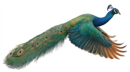 A peacock in flight displaying vibrant tail feathers, centered on a clean white backdrop, detailed plumage texture, neutral lighting, high-resolution image