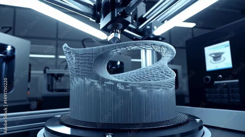 Poster exploring the intricate layer-by-layer printing process of a complex component from digital design t