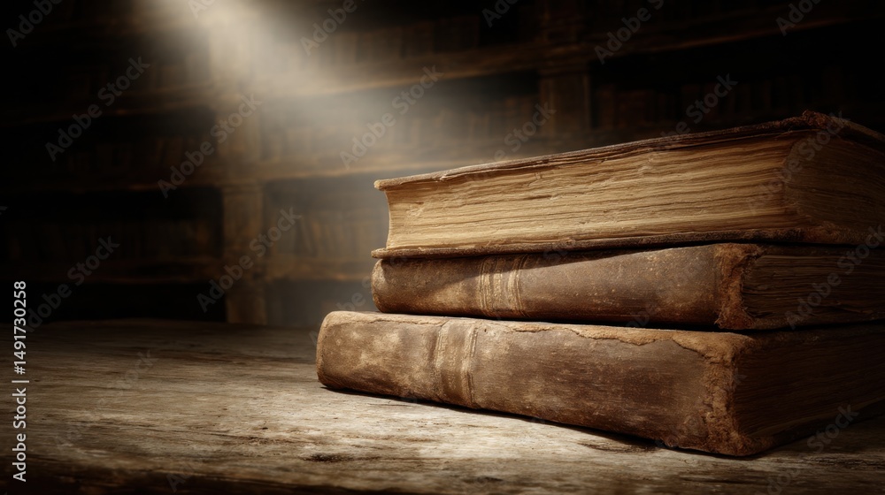Aufkleber stack of aged books on wooden table in library setting dramatic lighting close up ancient knowledge