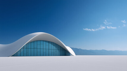 Obraz premium 3d render of a modern building and empty square ground under blue sky