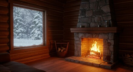 Cozy log cabin interior with fireplace