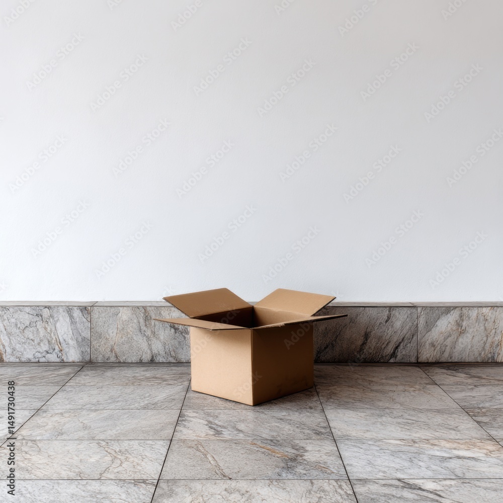 Poster open cardboard box on marble floor against white wall in studio shot empty container concept minimal