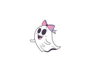 Cute Cartoon Ghost Girl with Purple Bow  Adorable Halloween Character Illustration for Kids and Decor.