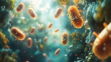 Naklejka premium Microscopic bacteria in vibrant motion. Detailed close-up view of various types of bacteria suspended in a fluid medium