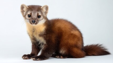 Obraz premium A pine marten with sleek brown fur and bushy tail, sitting centered on a pure white backdrop, detailed fur and eyes, studio lighting, high-resolution image