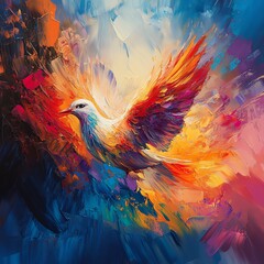 Obraz premium Vibrant and colorful dove painting, abstract Christian art representing the Holy Spirit, generative AI creative concept