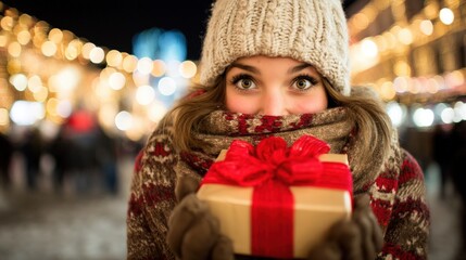 Young woman in a hat and scarf holding a wrapped gift against a neutral background, winter attire.
