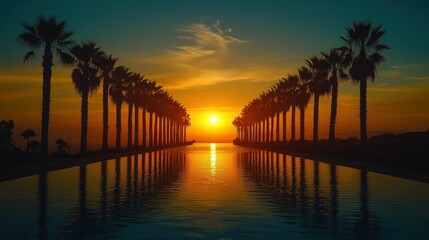 Fototapeta premium Sunset Palm Trees Reflecting in Pool
