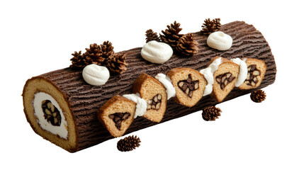 Delicious yule log cake decorated with pine cones and meue on a plain white surface for holiday treat.