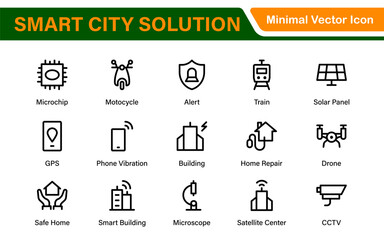 Smart City Solutions Icon Set – Minimal Line Vector Illustrations for Urban Planning, IoT, Infrastructure, Transportation, and Smart Tech Designs