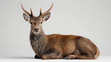 A red deer stag with small antlers, sitting attentively in the center, isolated on a white background, studio lighting, realistic detail