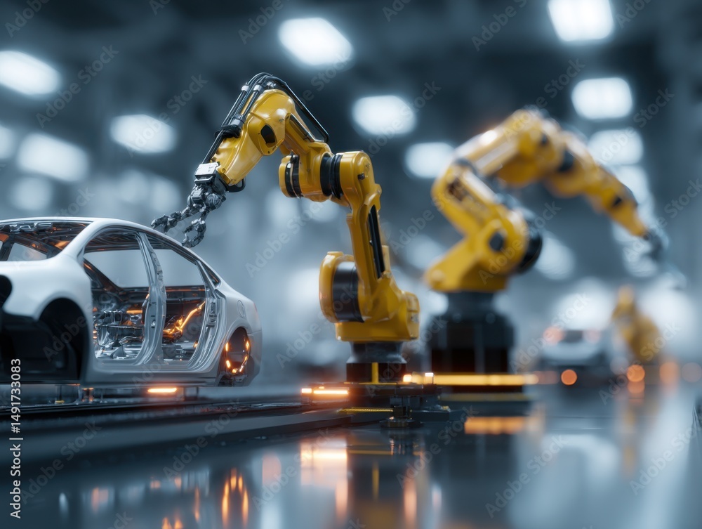 Poster automotive assembly line with robotic arms performing manufacturing tasks in a modern factory low an