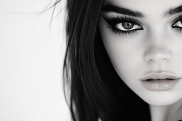 Monochrome portrait of a woman with dramatic makeup and fair skin in a classic style
