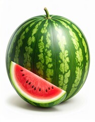 A whole watermelon with a fresh, juicy slice showing its red flesh and black seeds on a white background.