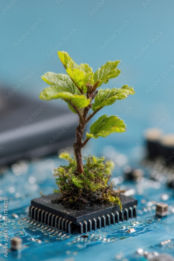 Poster sapling growing from computer chip close-up environmental tech concept of nature and technology sust