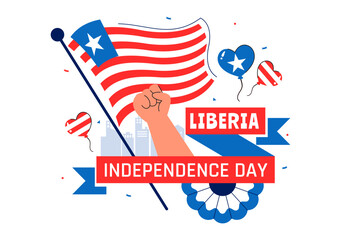 Happy Liberia Independence Day Vector Illustration on July 26 Featuring a Waving Flag and Ribbon in a National Holiday Flat Cartoon Background Design