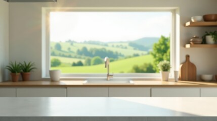 Fototapeta premium Serene Kitchen Countertop with Sunny Rural View, Ideal for Product Placement and Culinary Content Creation