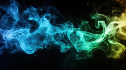 Abstract Colorful Smoke Photography: Teal, Green, and Yellow Swirls on Black Background