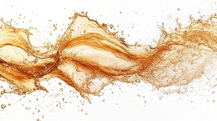 Amber liquid splashing, creating dynamic, swirling patterns against a white background.  The image showcases texture and movement of the liquid