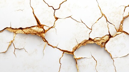 A detailed close-up of a cracked white surface, intricately filled with gold, creating a luxurious, textured effect