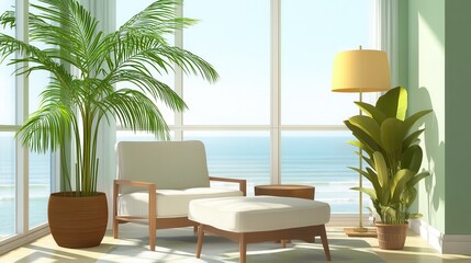 Fototapeta premium Coastal living room scene with plants and a comfortable chair.