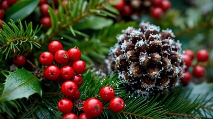 Holiday Decor: Closeup Pinecone with Red Berries and Greens