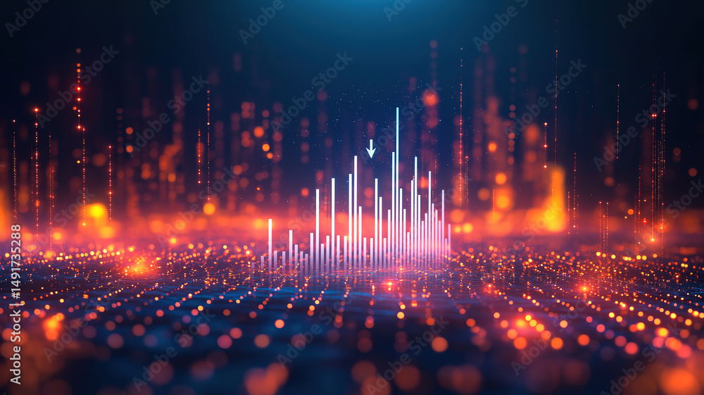 Poster dark blue background with a rising white bar graph and glowing lines showing business financial prog