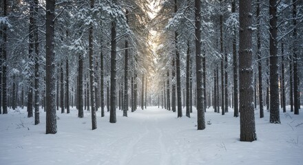 Sunlit Path Through Snowy Pine Forest