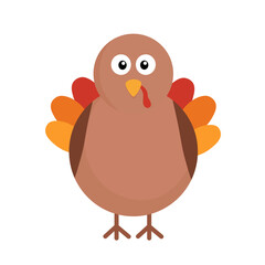 Flat vector illustration of a cute cartoon turkey with colorful feathers and simple shapes
