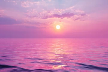 Fototapeten Pink sunset over calm ocean water with sun reflection and soft clouds in sky at dusk serene landscape © Ketobox