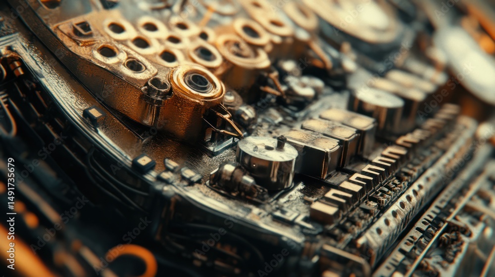 Poster intricate steampunk contraption featuring metallic gears and complex circuitry elements