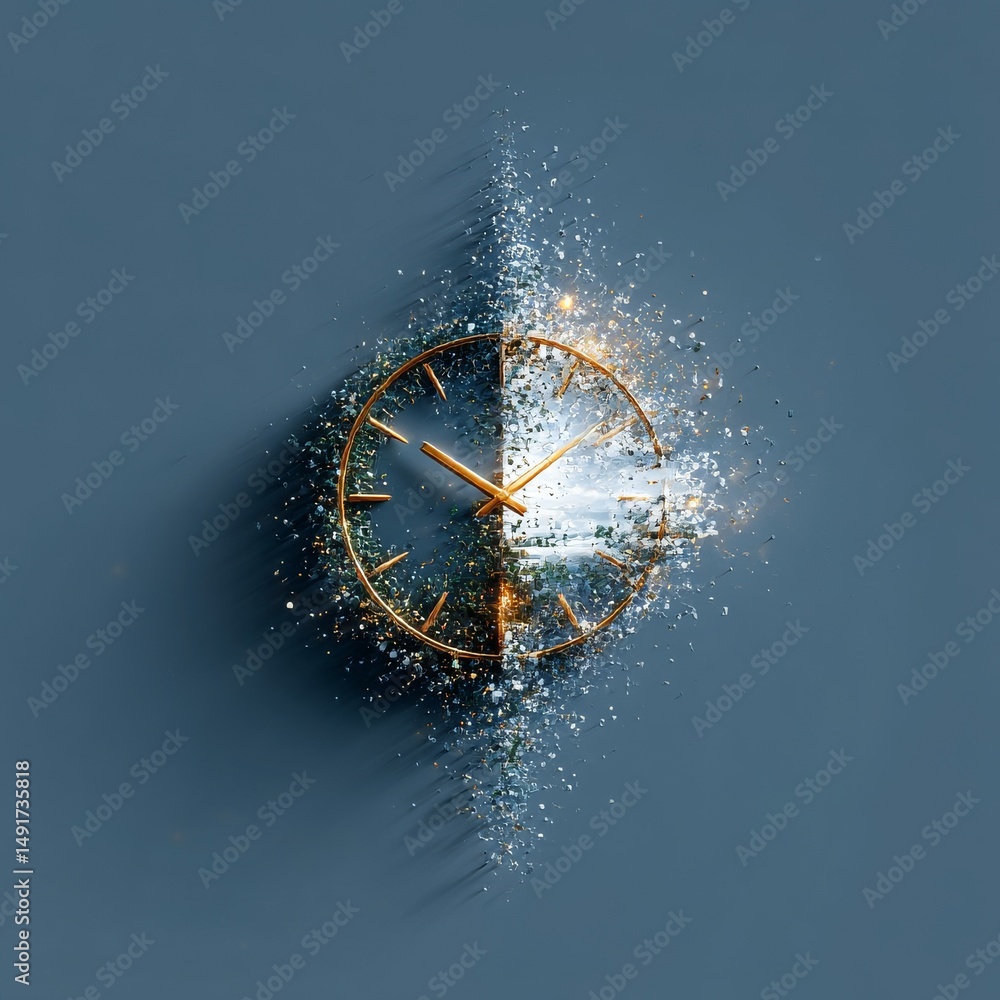 Aufkleber Golden Time: An Abstract Depiction of Time's Fragility with Exploding Clock Fragments