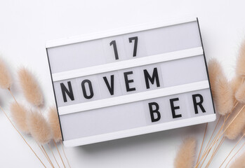 17 november letterboard text on Lightbox with dry lagurus flowers, white background. Seasonal...