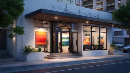 Obraz premium Art Gallery Evening Modern Building with Colorful Artworks on Display.