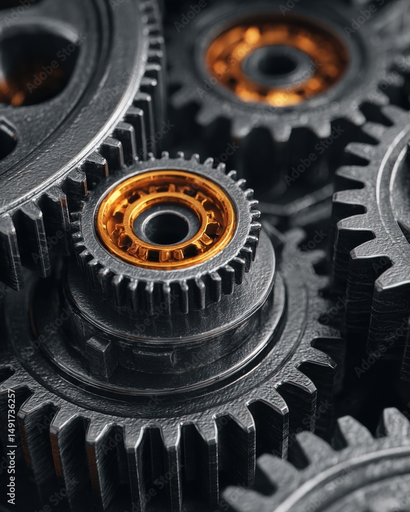 Poster interlocking gears close up macro shot showing mechanical engineering and precision manufacturing wi