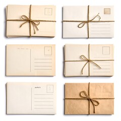 Arrangement of vintage postcards tied with string on a white background. Featuring aged paper textures in various shades of cream and brown