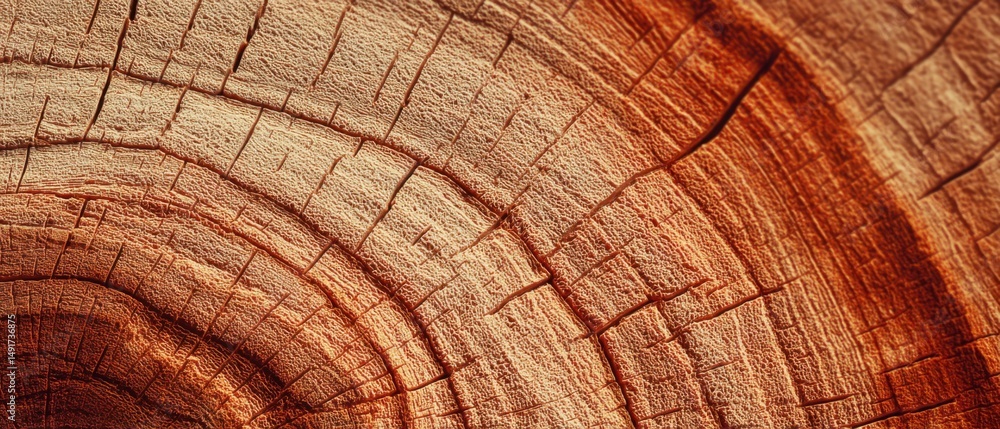 Poster close up of a tree stump showing growth rings and cracks in warm light for texture and pattern detai