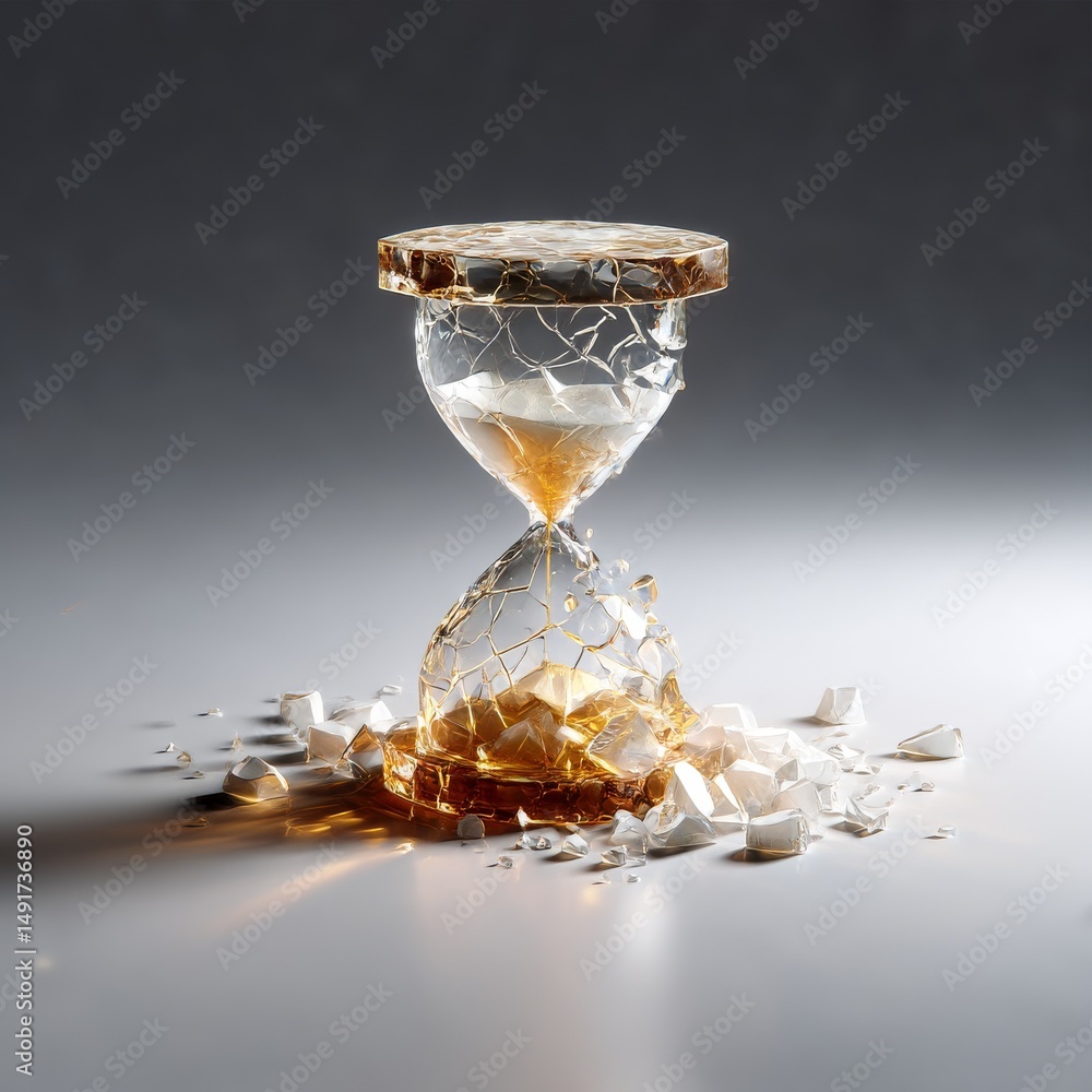 Poster shattered time: an abstract depiction of a broken hourglass symbolizing the fragility and fleeting n