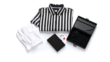 Referees uniform kit on white background includes striped shirt gloves whistle and notepad. Black and white theme lighting