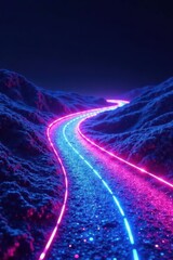 A winding path illuminated by vibrant neon pink and blue lines across a dark, textured landscape.