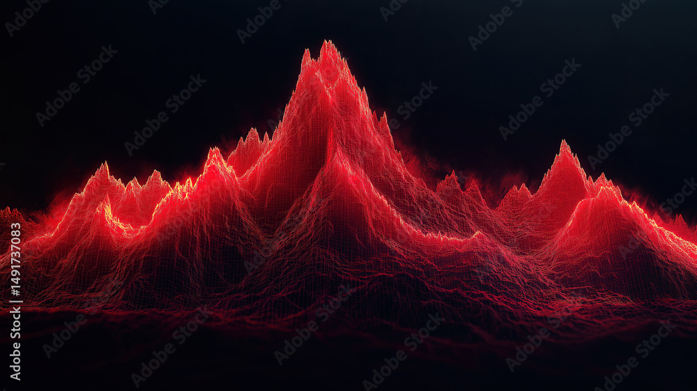 Poster dynamic financial growth illustrated by bold red line graph with sharp peaks and valleys