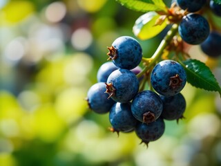 Fototapeta premium Blueberries Hanging from Branch, Summer Harvest