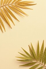Elegant Tropical Fronds Arranged on a Pale Yellow Background, Creating a Simple Yet Sophisticated Design for Various Applications