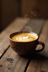 Aromatic Steaming Latte in a Brown Mug on Rustic Wooden Table
